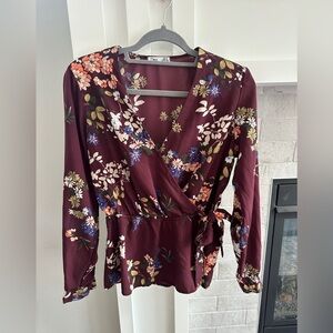 Dex Burgundy and Blue Floral Blouse| size M